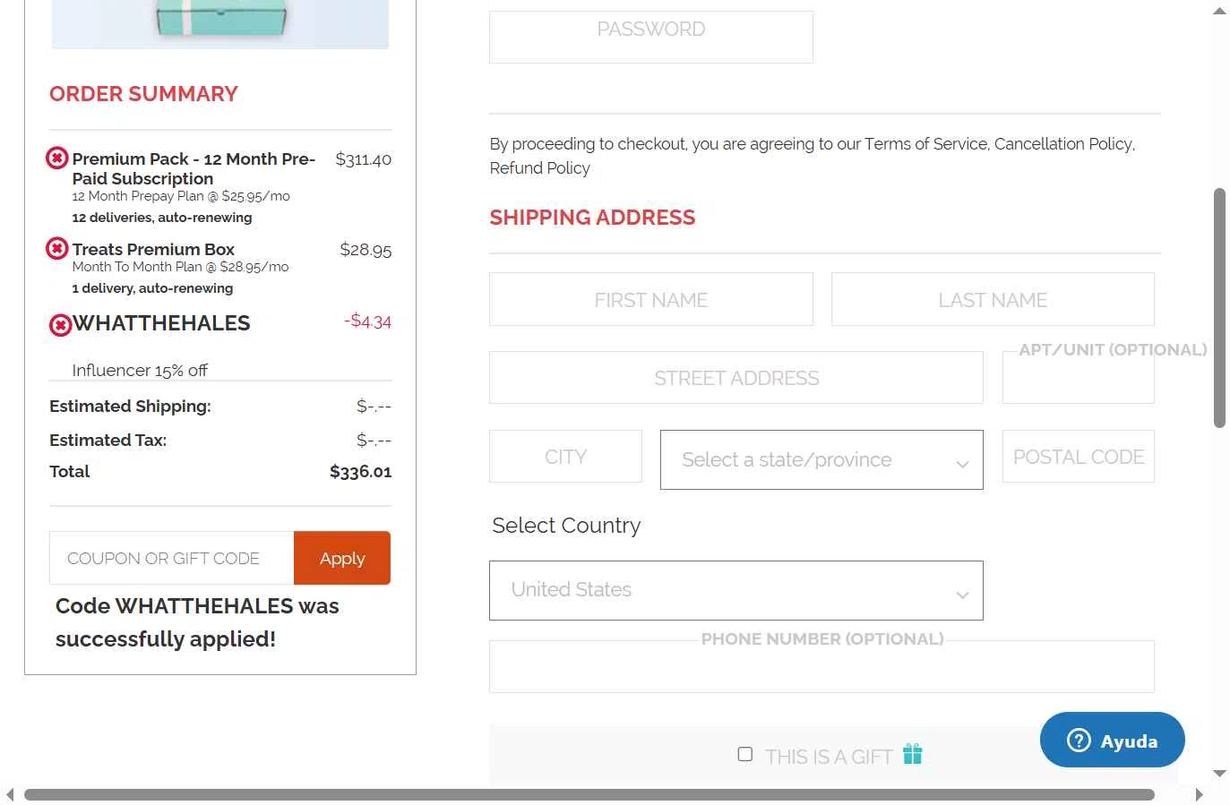 Treats checkout page showing Treats promo code box | Screenshot taken by SimplyCodes community member on Aug 10, 2025