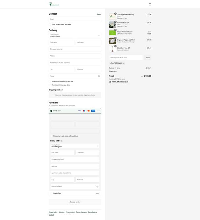 Tree2MyDoor.com checkout page showing Tree2MyDoor.com discount code box | Screenshot taken by SimplyCodes community member on Sep 8, 2025