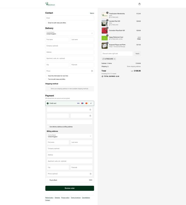 Tree2MyDoor.com checkout page showing Tree2MyDoor.com discount code box | Screenshot taken by SimplyCodes community member on Sep 16, 2025
