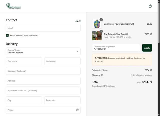 Tree2MyDoor.com checkout page showing Tree2MyDoor.com discount code box | Screenshot taken by SimplyCodes community member on Sep 8, 2025