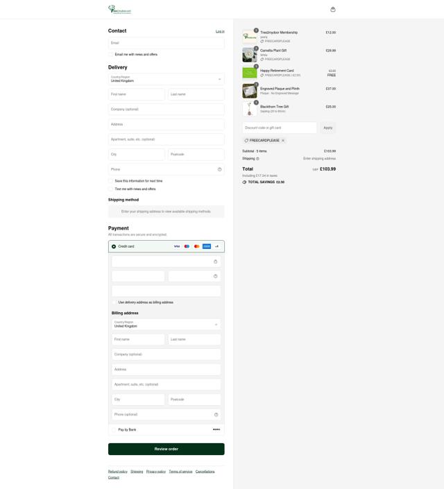 Tree2MyDoor.com checkout page showing Tree2MyDoor.com discount code box | Screenshot taken by SimplyCodes community member on Sep 8, 2025