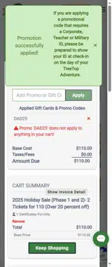 TreeTop Adventures coupon verification screenshot