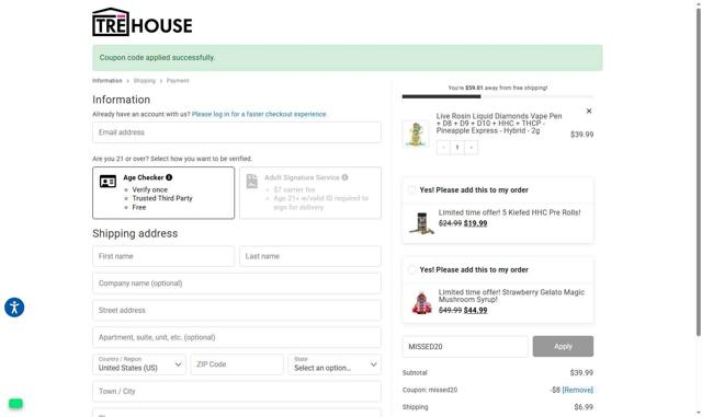 TRĒ House checkout page showing TRĒ House promo code box | Screenshot taken by SimplyCodes community member on Sep 13, 2025