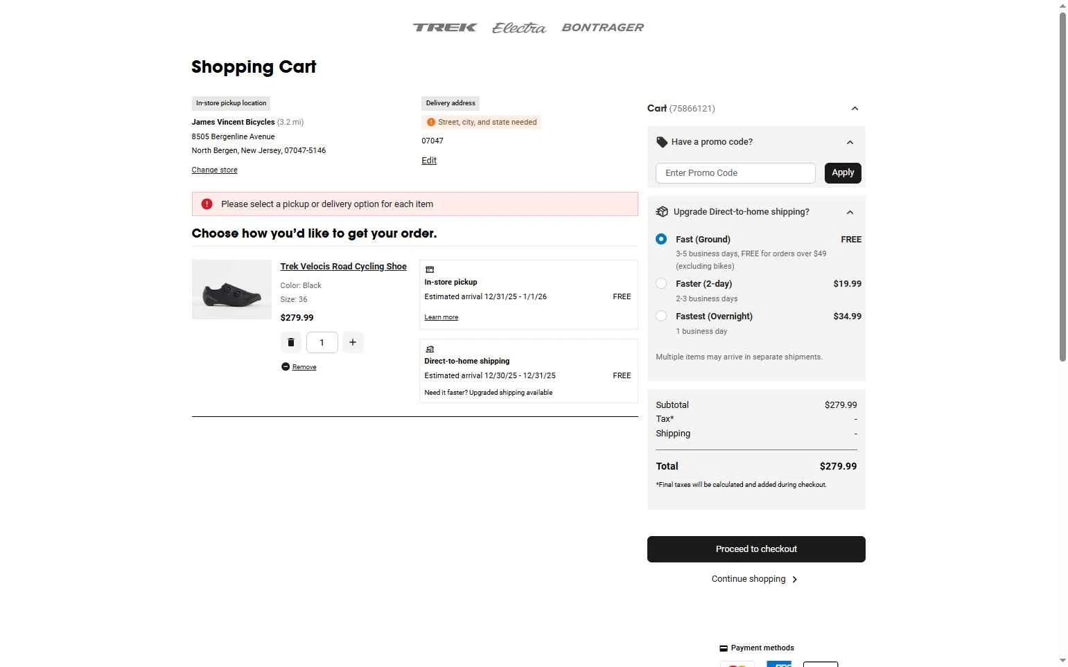 Trek Bicycle Superstore checkout page showing Trek Bicycle Superstore promo code box | Screenshot taken by SimplyCodes community member on Dec 26, 2025