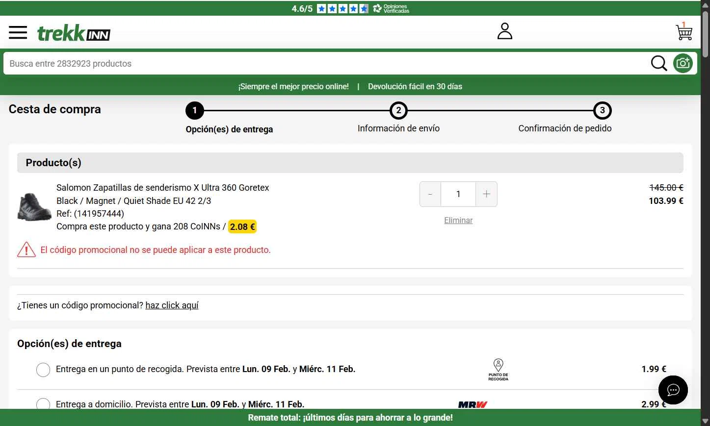 Trekkinn checkout page showing Trekkinn promo code box | Screenshot taken by SimplyCodes community member on Feb 8, 2026
