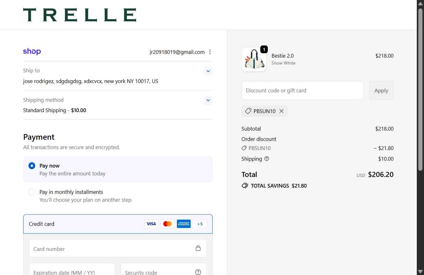 Trelle & Co. checkout page showing Trelle & Co. promo code box | Screenshot taken by SimplyCodes community member on Dec 29, 2025