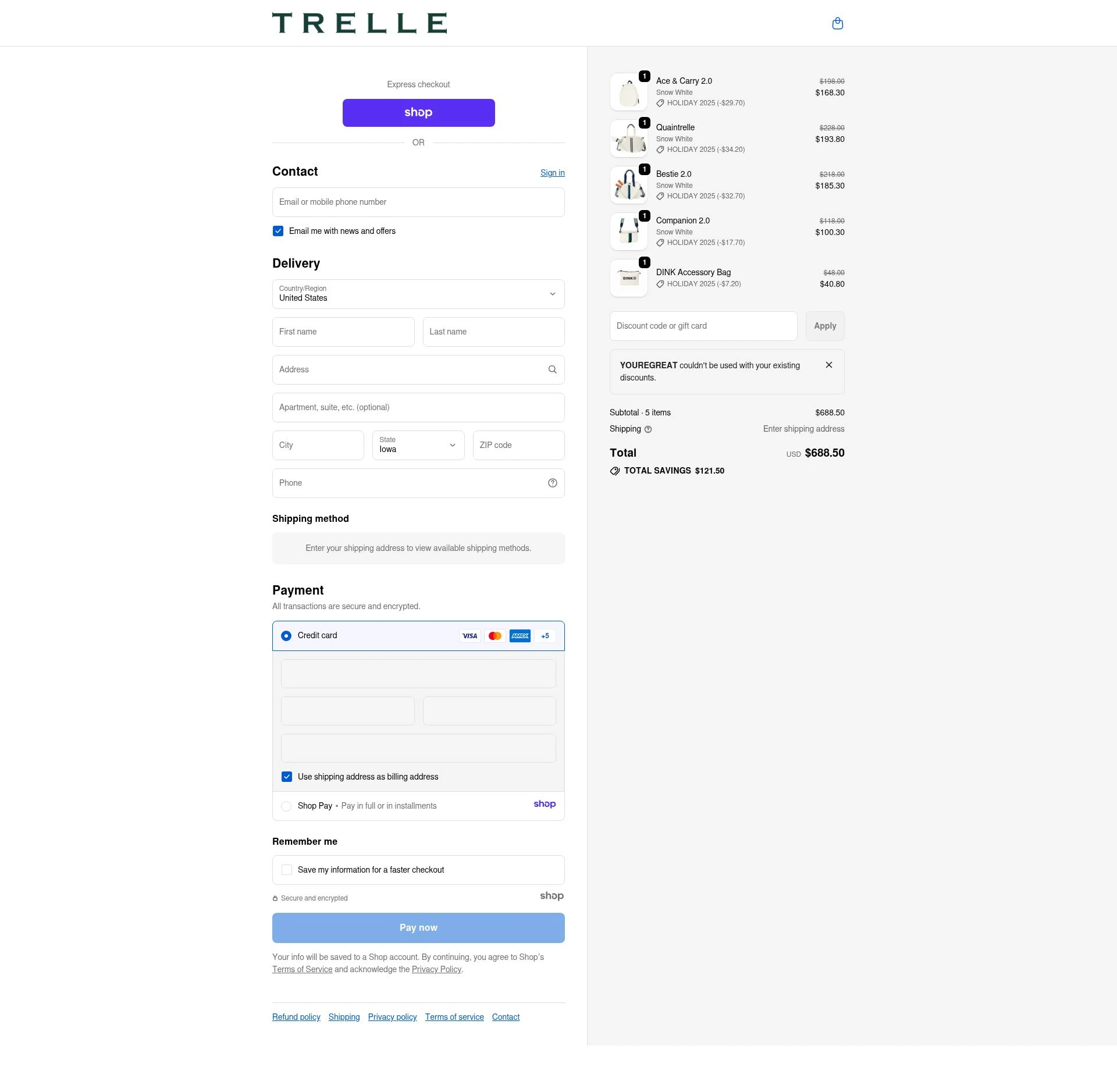 Trelle & Co. checkout page showing Trelle & Co. promo code box | Screenshot taken by SimplyCodes community member on Dec 17, 2025