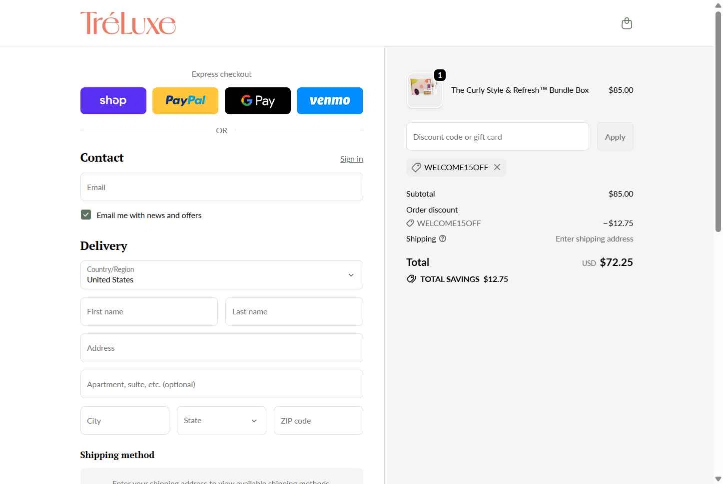 TréLuxe checkout page showing TréLuxe promo code box | Screenshot taken by SimplyCodes community member on Feb 10, 2026