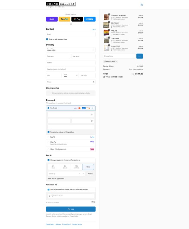 Trend Gallery checkout page showing Trend Gallery discount code box | Screenshot taken by SimplyCodes community member on Sep 5, 2025