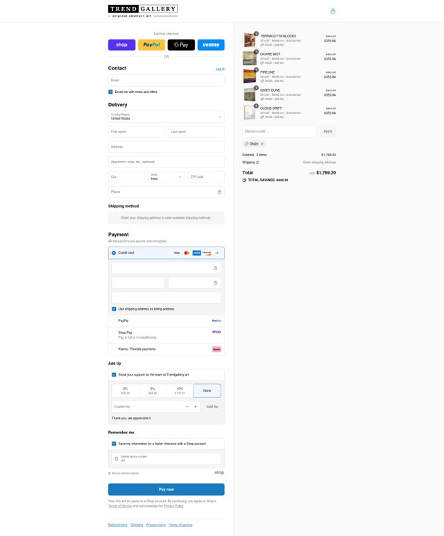 Trend Gallery checkout page showing Trend Gallery discount code box | Screenshot taken by SimplyCodes community member on Sep 5, 2025