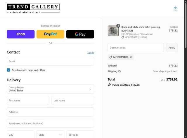 Trend Gallery checkout page showing Trend Gallery discount code box | Screenshot taken by SimplyCodes community member on Sep 5, 2025