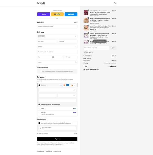Trendia checkout page showing Trendia coupon code box | Screenshot taken by SimplyCodes community member on Sep 4, 2025