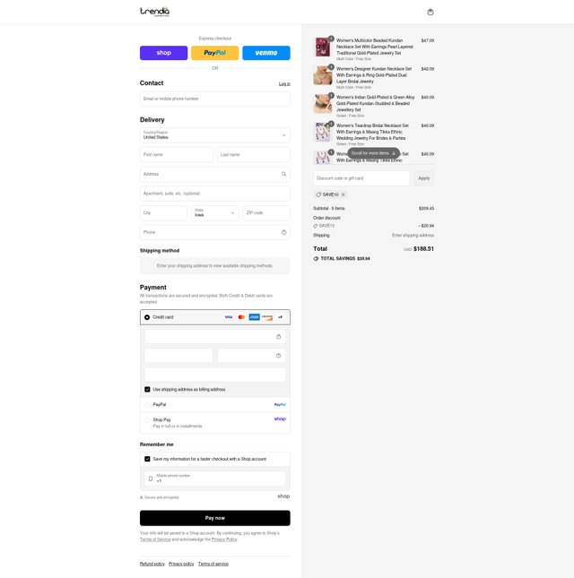 Trendia checkout page showing Trendia coupon code box | Screenshot taken by SimplyCodes community member on Sep 4, 2025