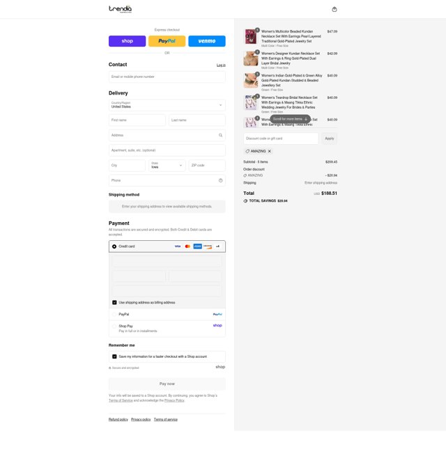 Trendia checkout page showing Trendia coupon code box | Screenshot taken by SimplyCodes community member on Sep 4, 2025