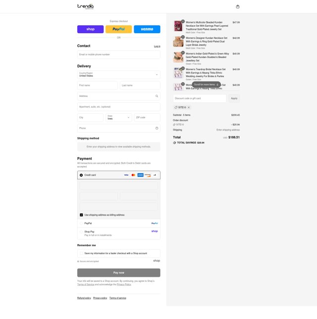 Trendia checkout page showing Trendia coupon code box | Screenshot taken by SimplyCodes community member on Sep 4, 2025