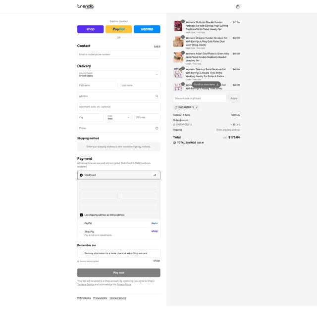 Trendia checkout page showing Trendia coupon code box | Screenshot taken by SimplyCodes community member on Sep 4, 2025