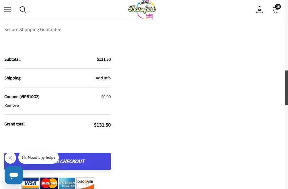Trendy Transfers checkout page showing Trendy Transfers coupon code box | Screenshot taken by SimplyCodes community member on Nov 27, 2025