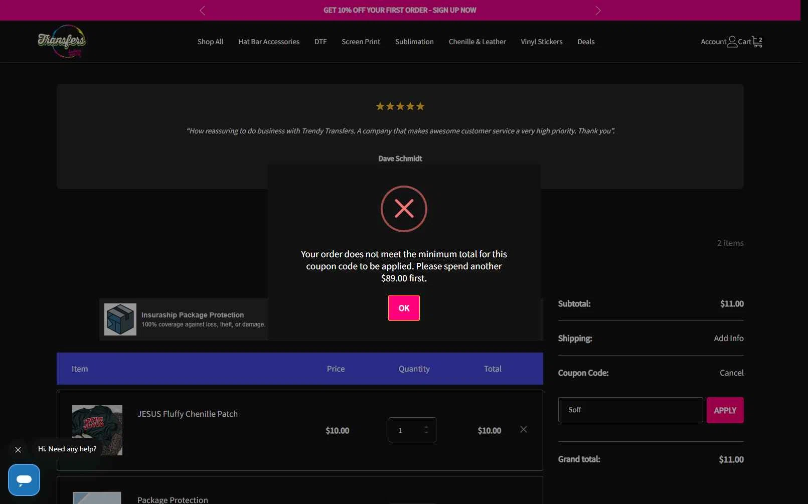 Trendy Transfers checkout page showing Trendy Transfers coupon code box | Screenshot taken by SimplyCodes community member on Nov 22, 2025