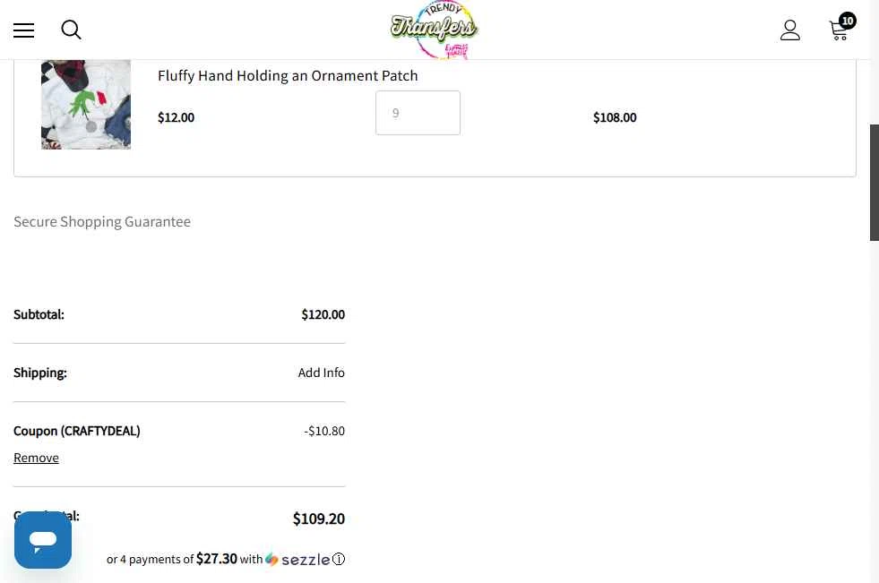 Trendy Transfers checkout page showing Trendy Transfers coupon code box | Screenshot taken by SimplyCodes community member on Sep 17, 2025