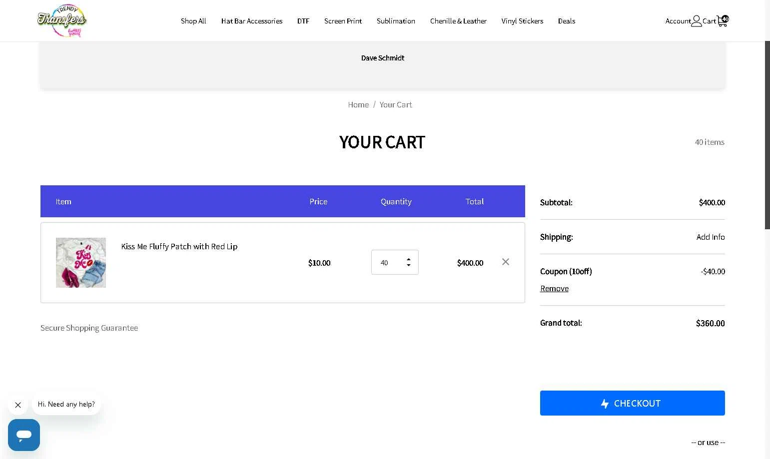 Trendy Transfers checkout page showing Trendy Transfers coupon code box | Screenshot taken by SimplyCodes community member on Dec 9, 2025