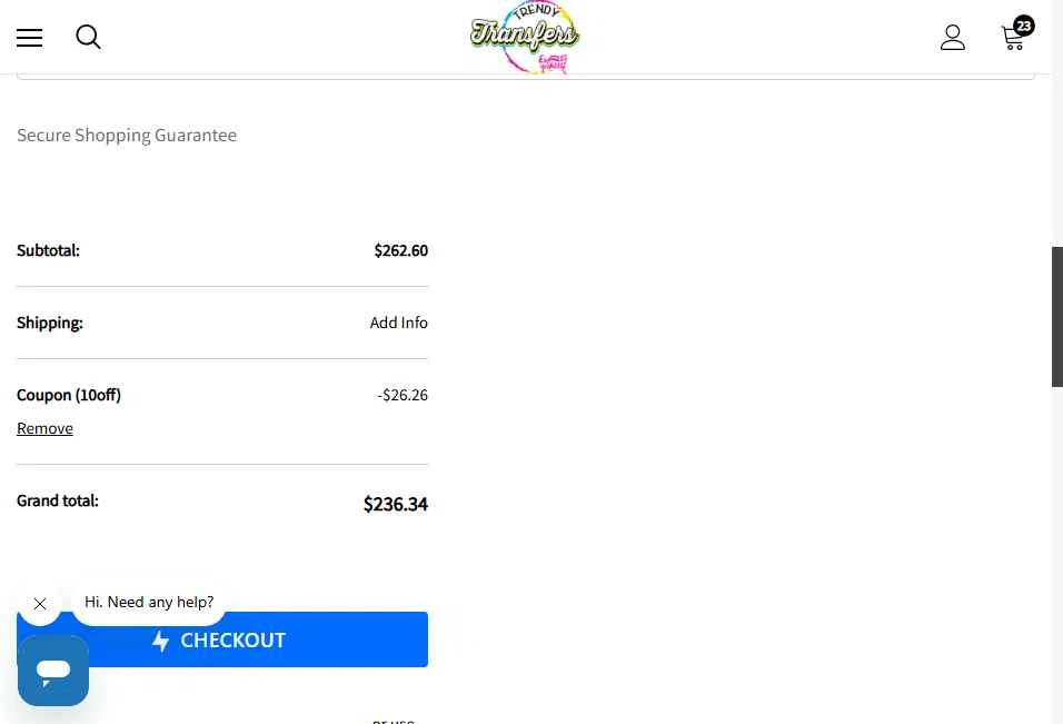 Trendy Transfers checkout page showing Trendy Transfers coupon code box | Screenshot taken by SimplyCodes community member on Nov 22, 2025