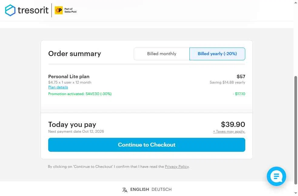 Tresorit checkout page showing Tresorit promo code box | Screenshot taken by SimplyCodes community member on Oct 12, 2025