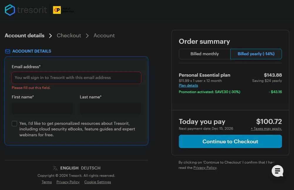 Tresorit checkout page showing Tresorit promo code box | Screenshot taken by SimplyCodes community member on Dec 15, 2025