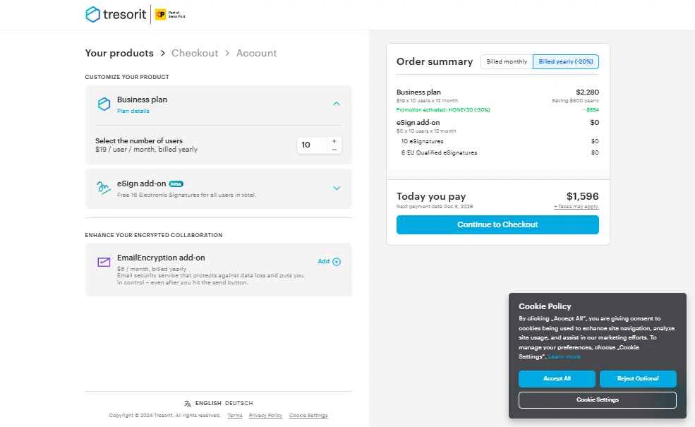 Tresorit checkout page showing Tresorit promo code box | Screenshot taken by SimplyCodes community member on Dec 8, 2025