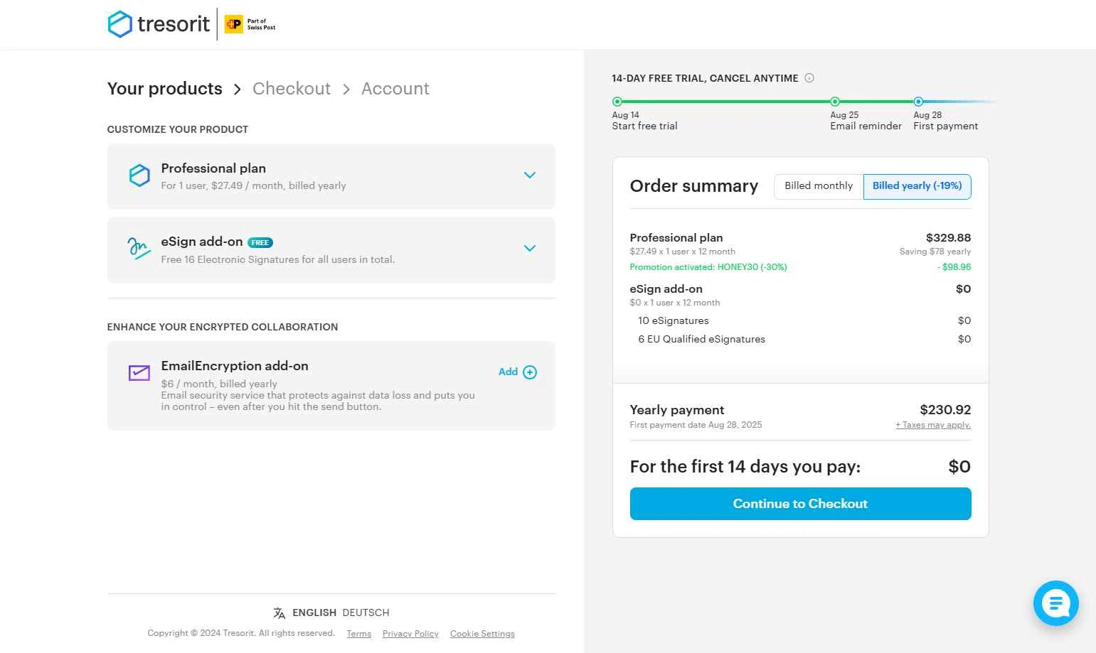Tresorit checkout page showing Tresorit promo code box | Screenshot taken by SimplyCodes community member on Aug 14, 2025