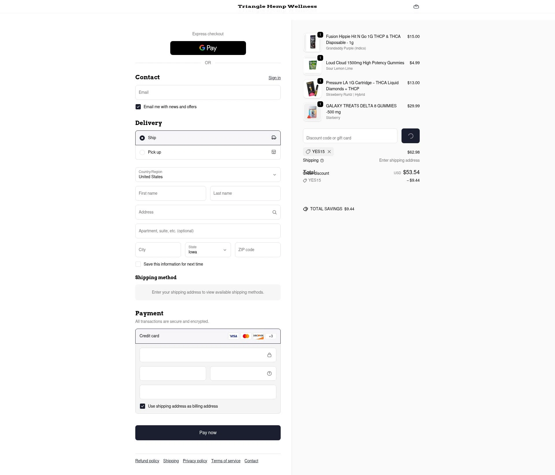 Triangle Hemp Wellness checkout page showing Triangle Hemp Wellness discount code box | Screenshot taken by SimplyCodes community member on Feb 9, 2026