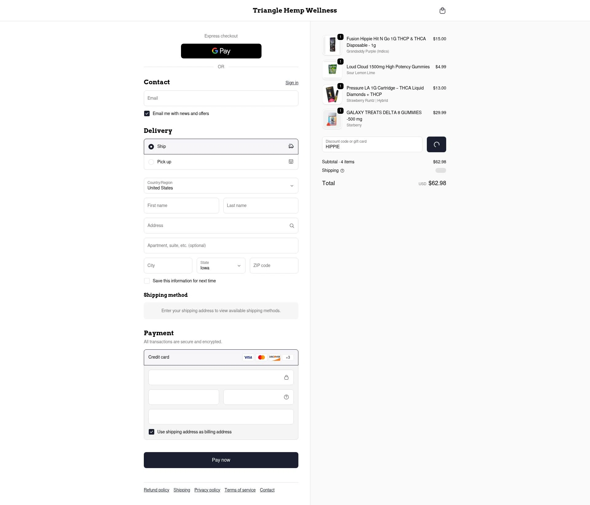 Triangle Hemp Wellness checkout page showing Triangle Hemp Wellness discount code box | Screenshot taken by SimplyCodes community member on Feb 9, 2026