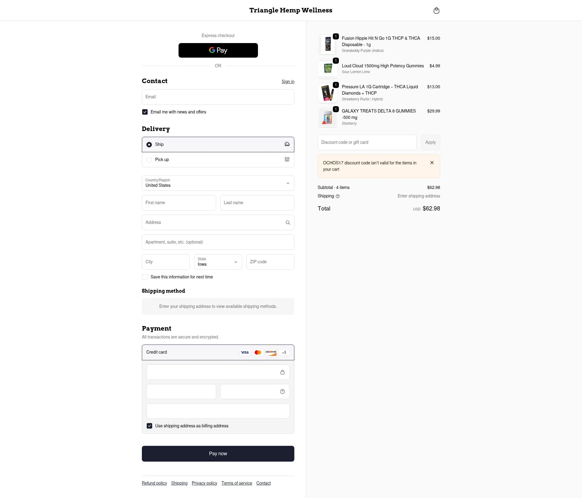 Triangle Hemp Wellness checkout page showing Triangle Hemp Wellness discount code box | Screenshot taken by SimplyCodes community member on Feb 9, 2026