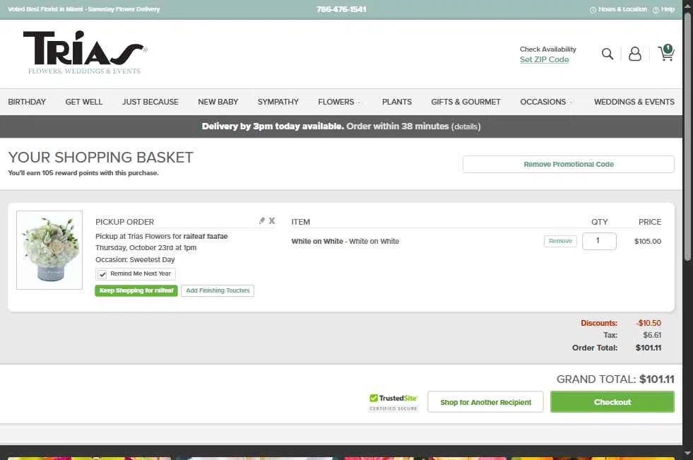 Trias Flowers checkout page showing Trias Flowers promo code box | Screenshot taken by SimplyCodes community member on Oct 10, 2025