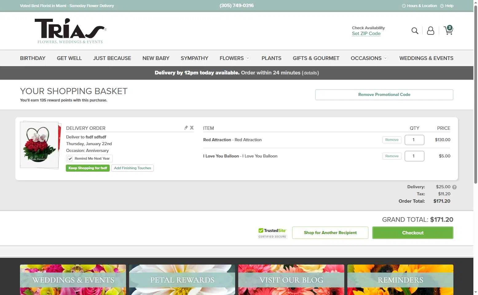 Trias Flowers checkout page showing Trias Flowers promo code box | Screenshot taken by SimplyCodes community member on Jan 13, 2026