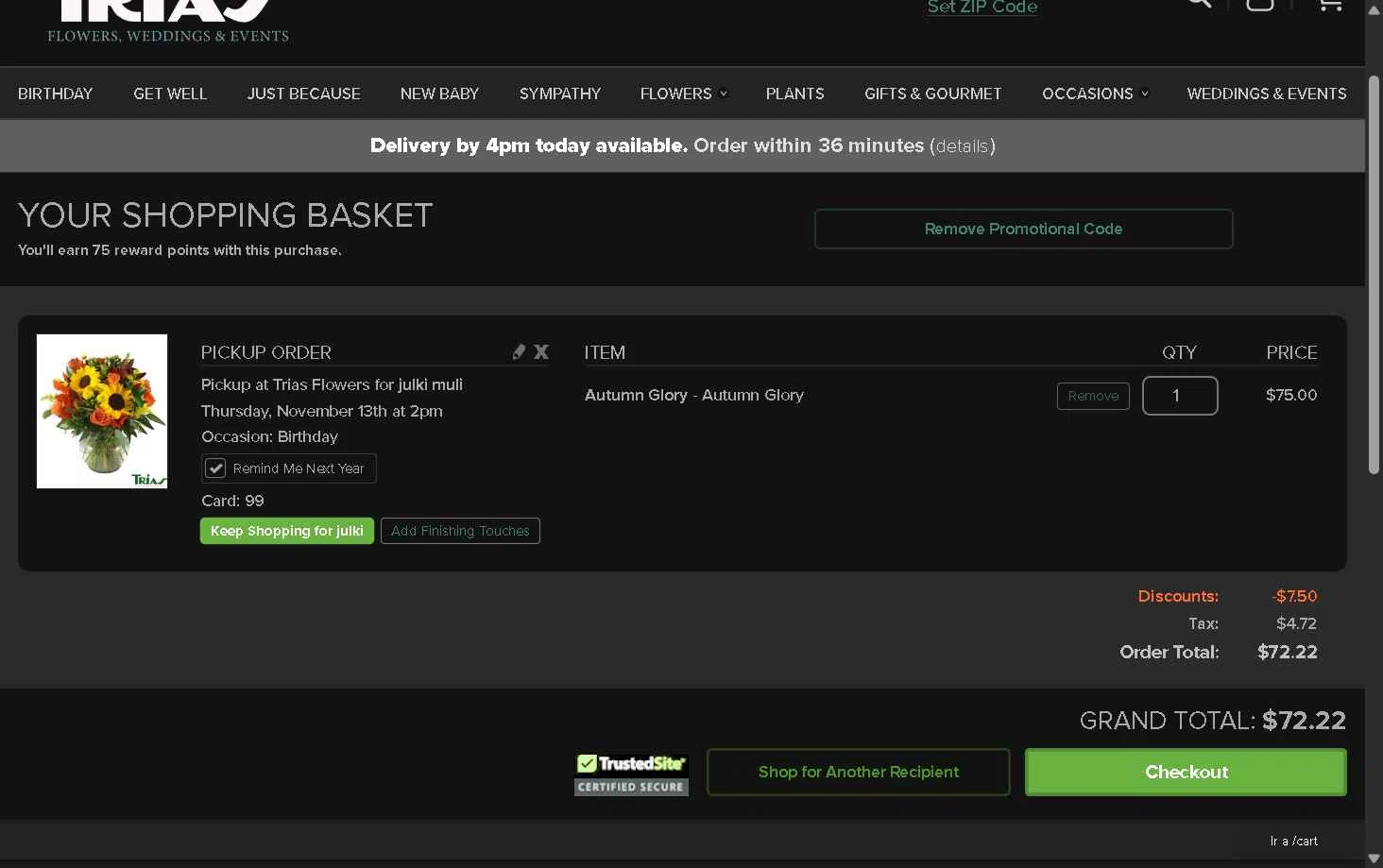 Trias Flowers checkout page showing Trias Flowers promo code box | Screenshot taken by SimplyCodes community member on Nov 13, 2025