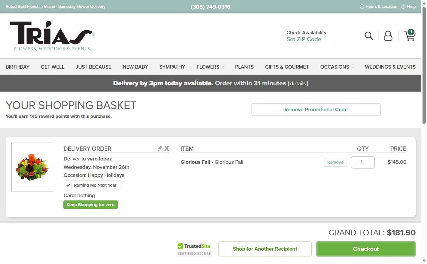 Trias Flowers checkout page showing Trias Flowers promo code box | Screenshot taken by SimplyCodes community member on Nov 25, 2025