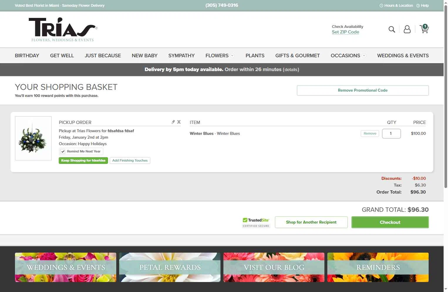 Trias Flowers checkout page showing Trias Flowers promo code box | Screenshot taken by SimplyCodes community member on Dec 12, 2025