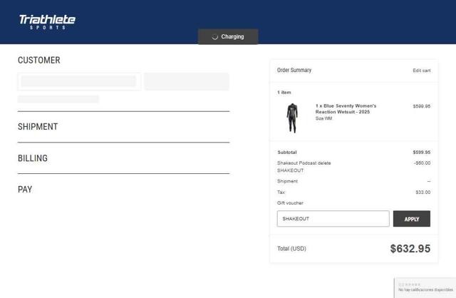 Triathlete Sports checkout page showing Triathlete Sports coupon code box | Screenshot taken by SimplyCodes community member on May 30, 2025