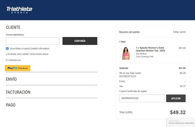 Triathlete Sports checkout page showing Triathlete Sports coupon code box | Screenshot taken by SimplyCodes community member on Jul 4, 2025
