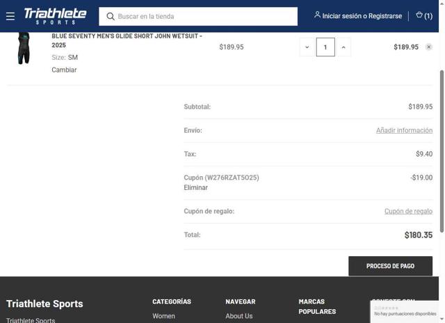 Triathlete Sports checkout page showing Triathlete Sports coupon code box | Screenshot taken by SimplyCodes community member on Jul 4, 2025