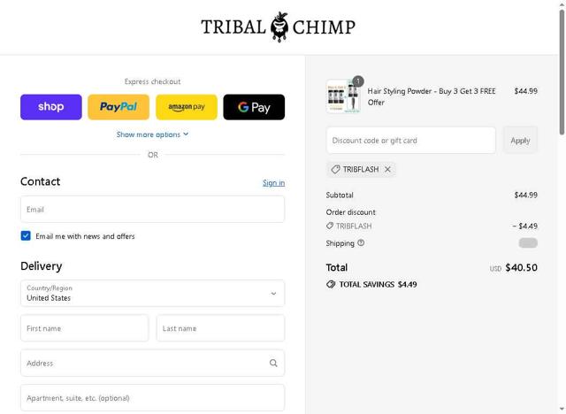 Tribal Chimp checkout page showing Tribal Chimp discount code box | Screenshot taken by SimplyCodes community member on Sep 11, 2025