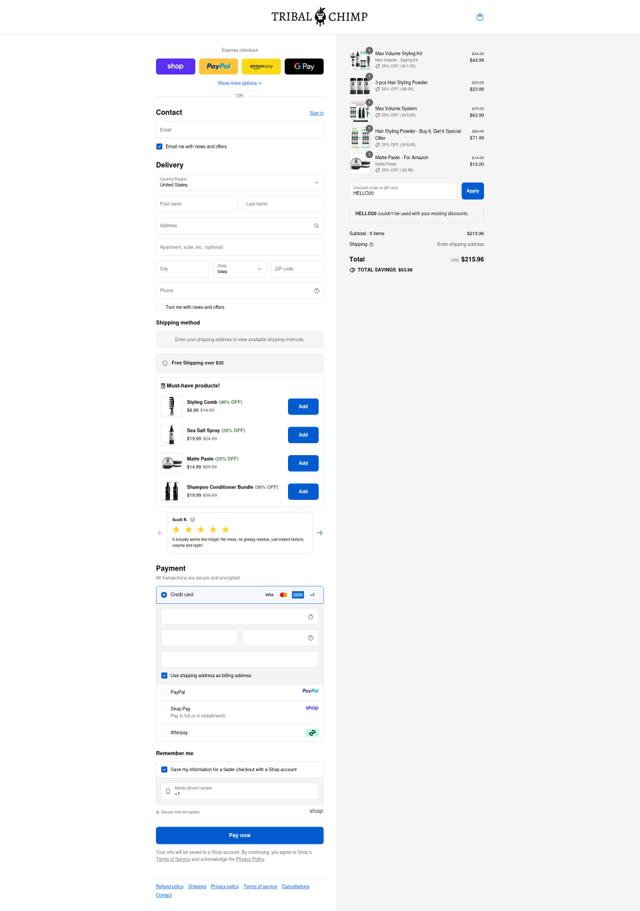 Tribal Chimp checkout page showing Tribal Chimp discount code box | Screenshot taken by SimplyCodes community member on Sep 10, 2025