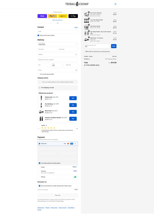Tribal Chimp checkout page showing Tribal Chimp discount code box | Screenshot taken by SimplyCodes community member on Sep 10, 2025