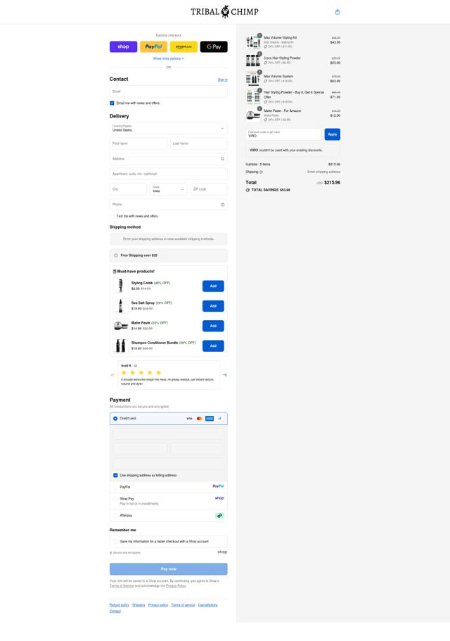 Tribal Chimp checkout page showing Tribal Chimp discount code box | Screenshot taken by SimplyCodes community member on Sep 10, 2025