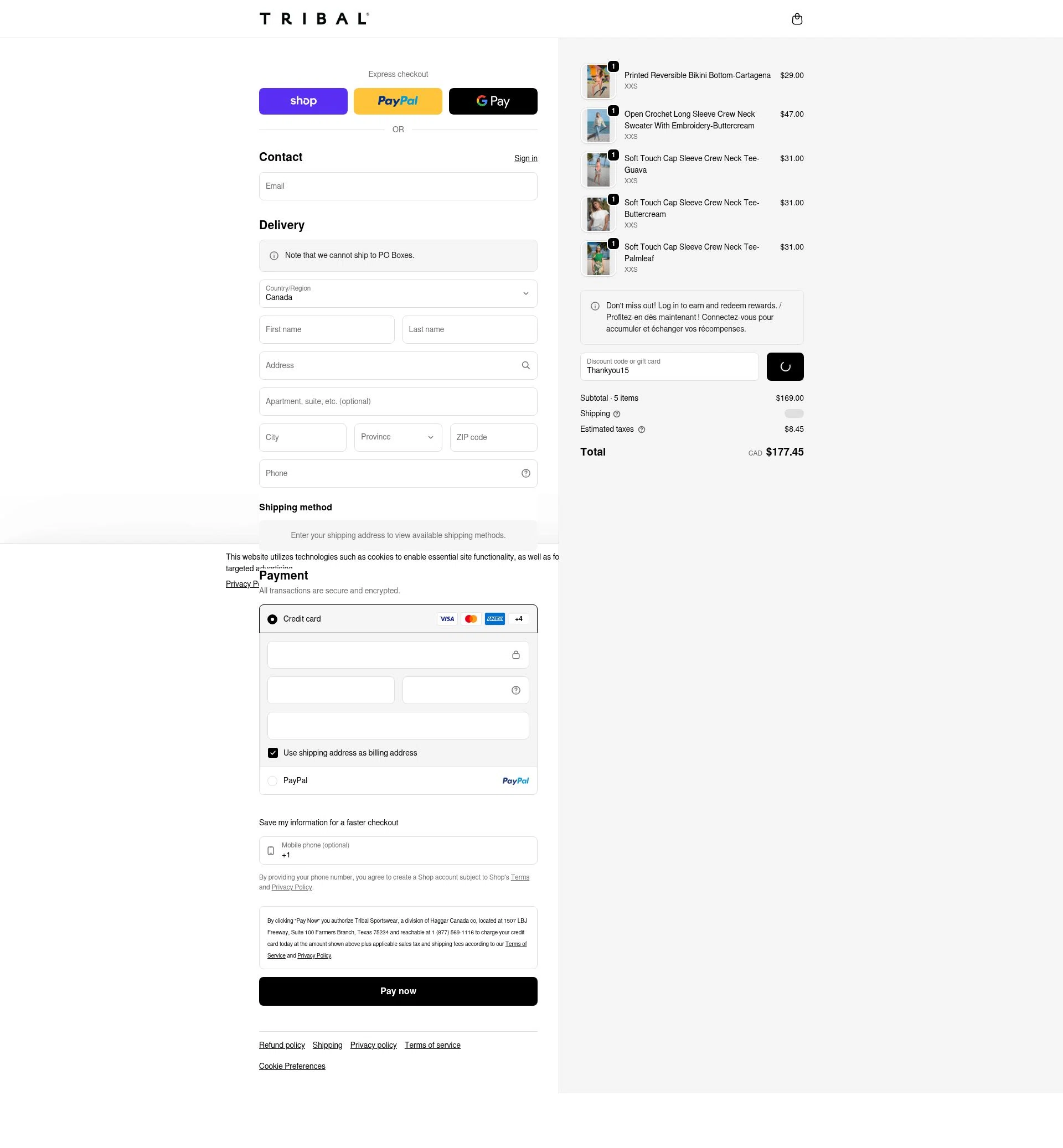 Tribal Fashion checkout page showing Tribal Fashion promo code box | Screenshot taken by SimplyCodes community member on Jan 17, 2026