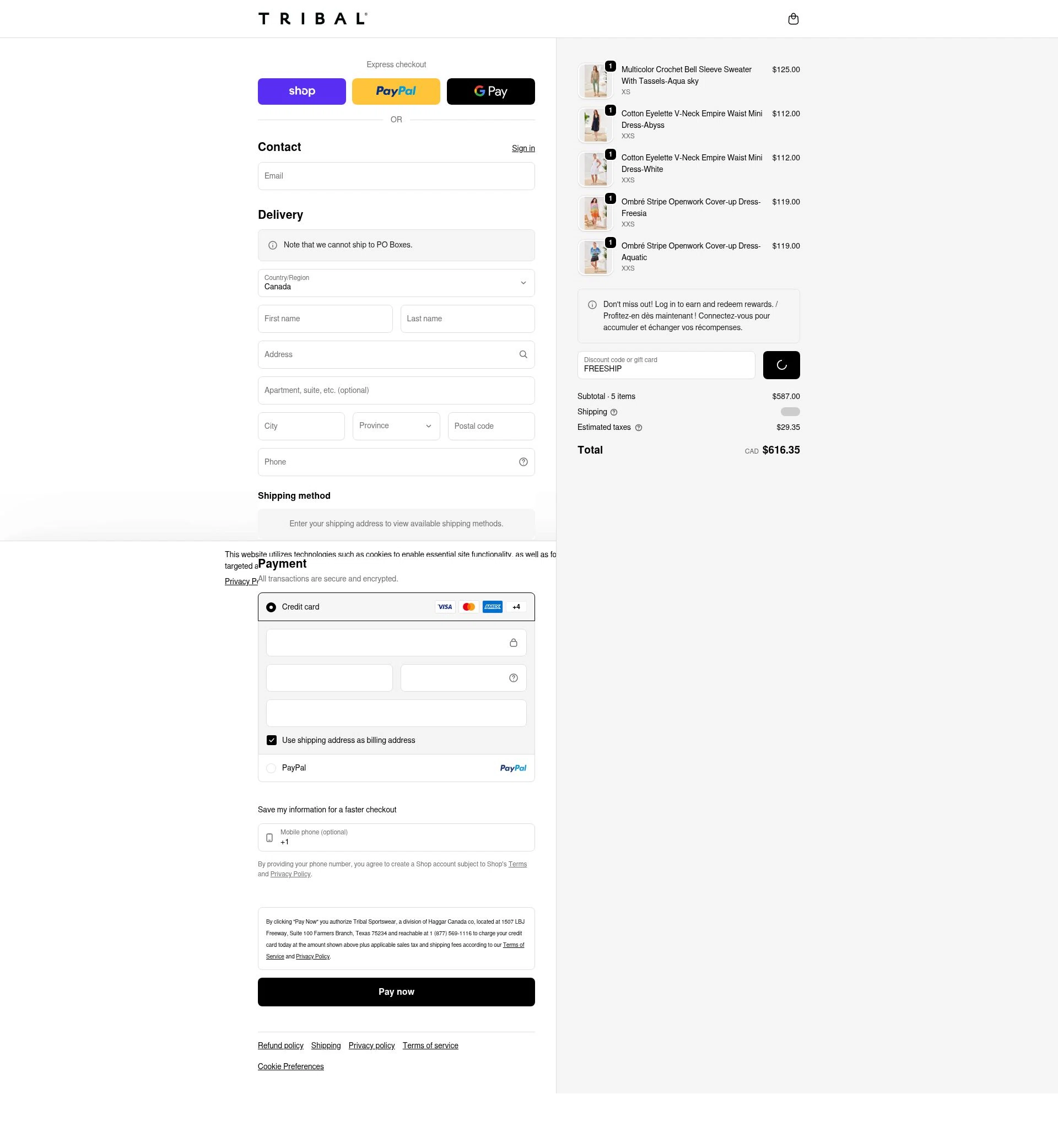 Tribal Fashion checkout page showing Tribal Fashion promo code box | Screenshot taken by SimplyCodes community member on Feb 4, 2026