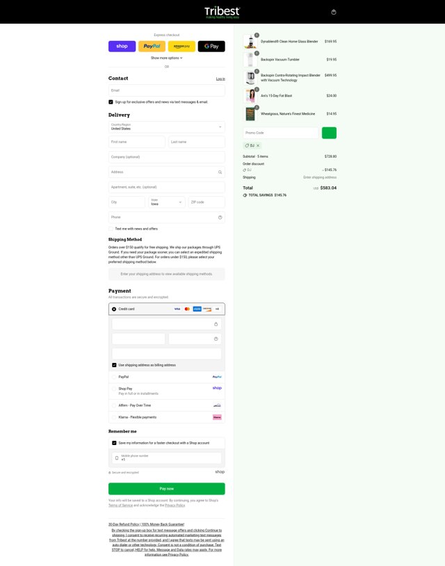 Tribest checkout page showing Tribest coupon code box | Screenshot taken by SimplyCodes community member on Sep 2, 2025