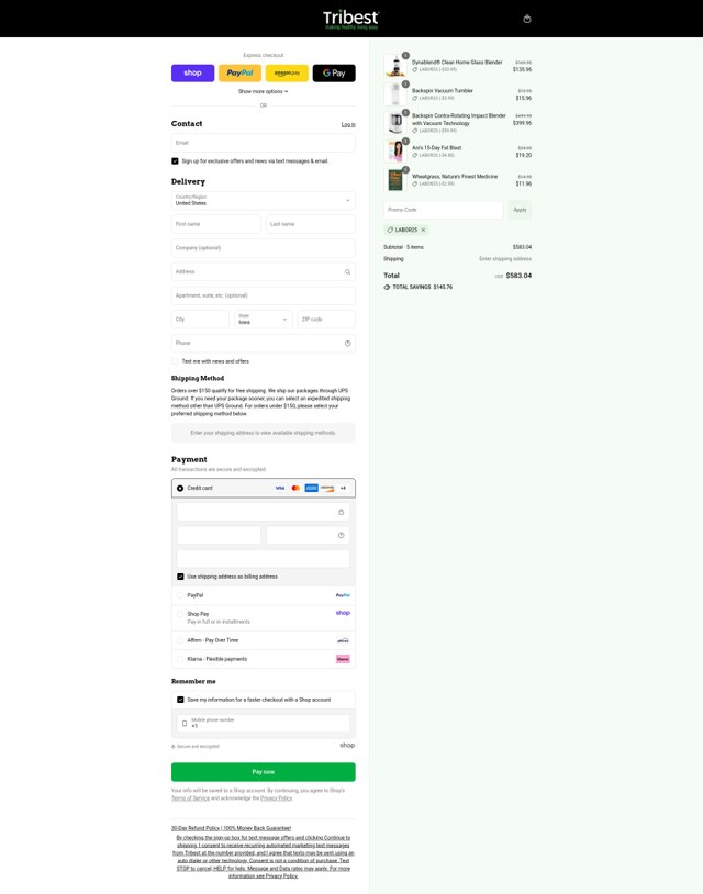 Tribest checkout page showing Tribest coupon code box | Screenshot taken by SimplyCodes community member on Sep 2, 2025