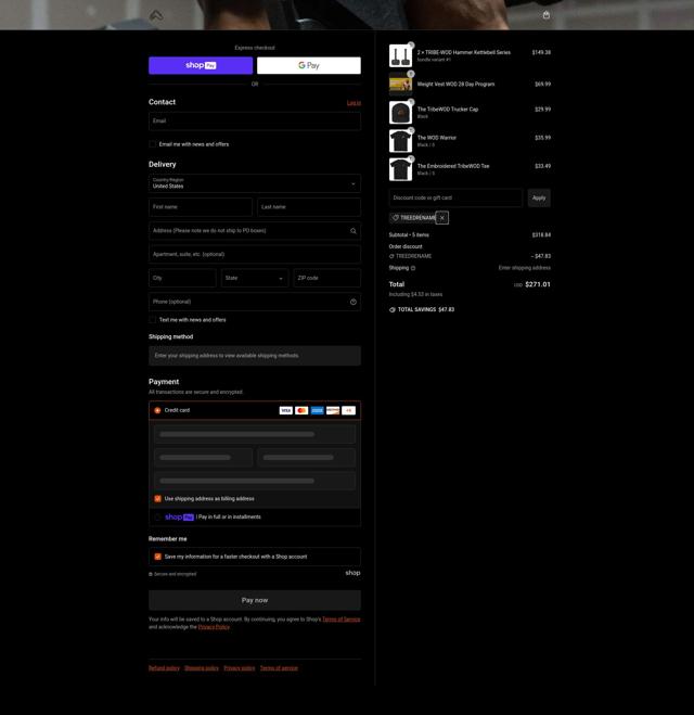 Tribe Wod checkout page showing Tribe Wod discount code box | Screenshot taken by SimplyCodes community member on Jan 9, 2025