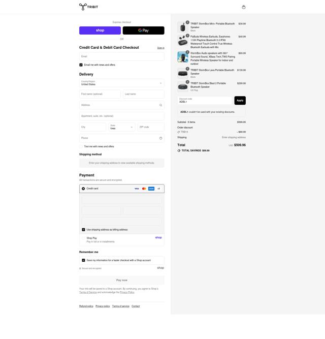 Tribit Audio checkout page showing Tribit Audio promo code box | Screenshot taken by SimplyCodes community member on Sep 16, 2025